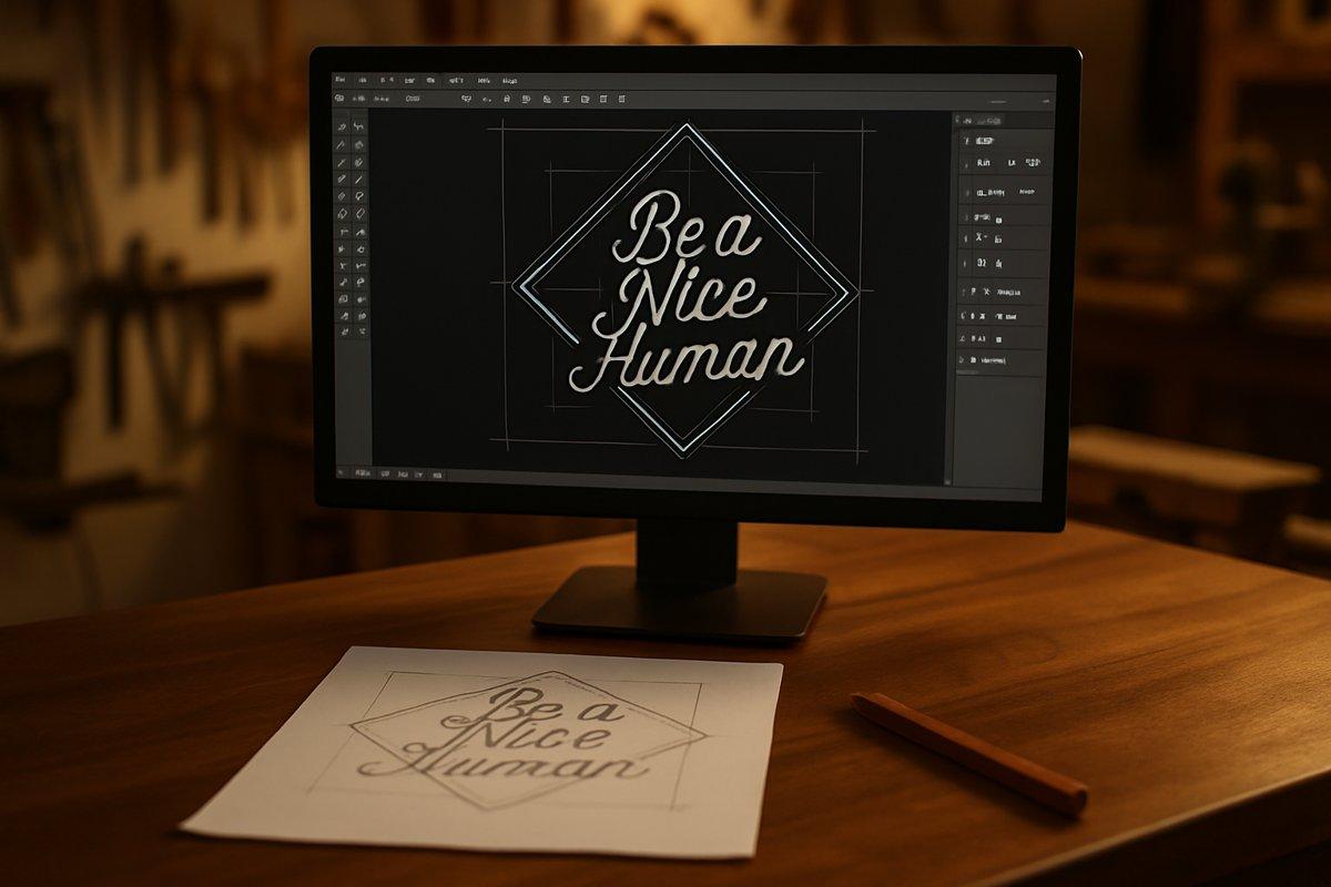 The Be a Nice Human sign design digitized in CAD software, sketch on the desk
