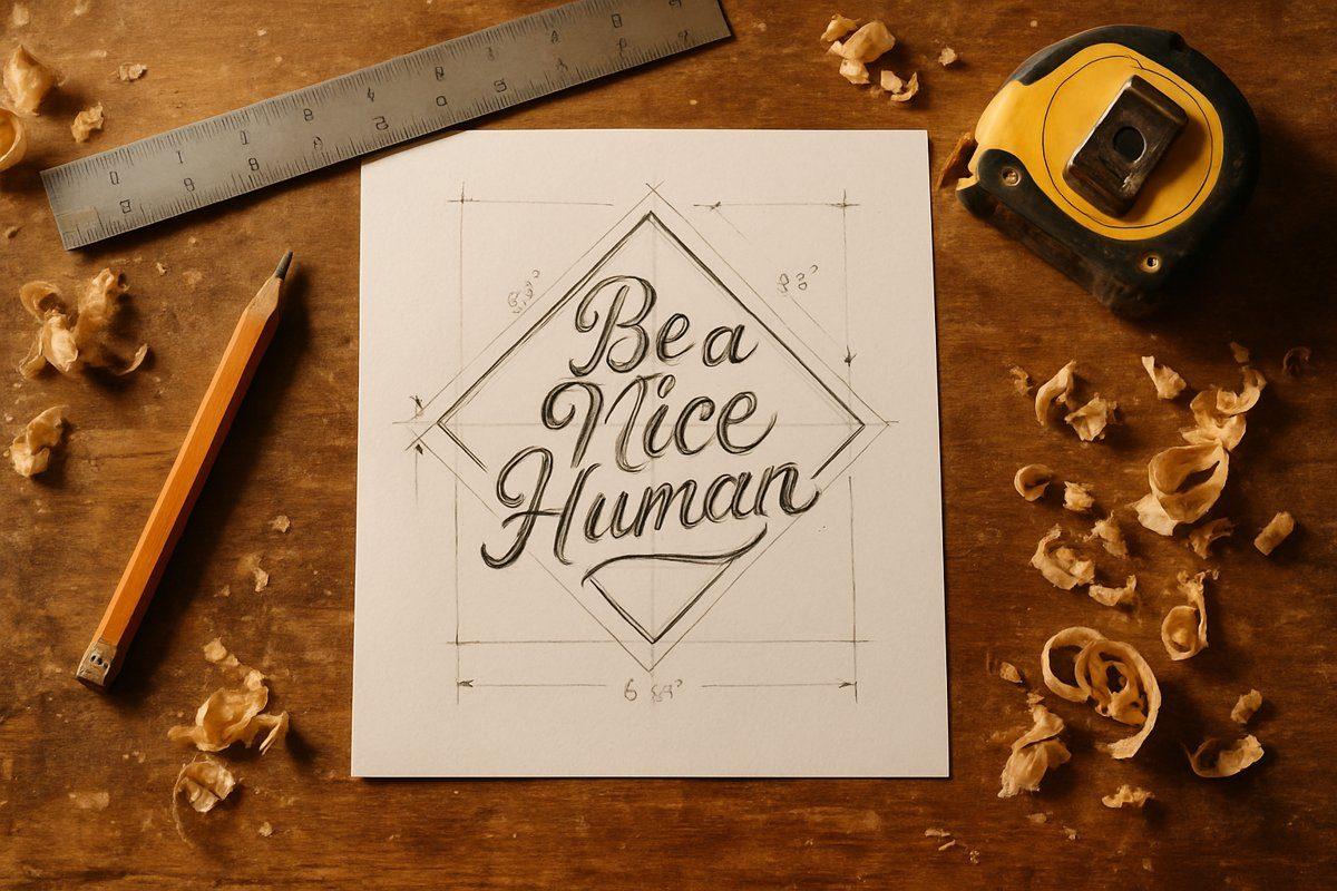 Pencil sketch of the Be a Nice Human sign design on the workbench
